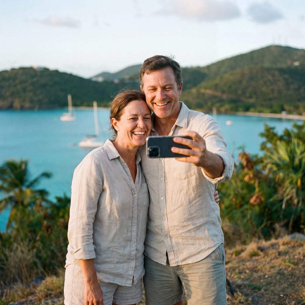 A couple pausing for a photo at a scenic island overlook during their tour