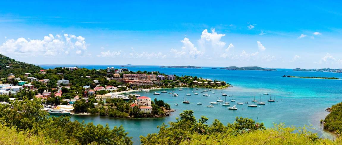 Aerial view of Cruz Bay harbor and the turquoise water of St. John