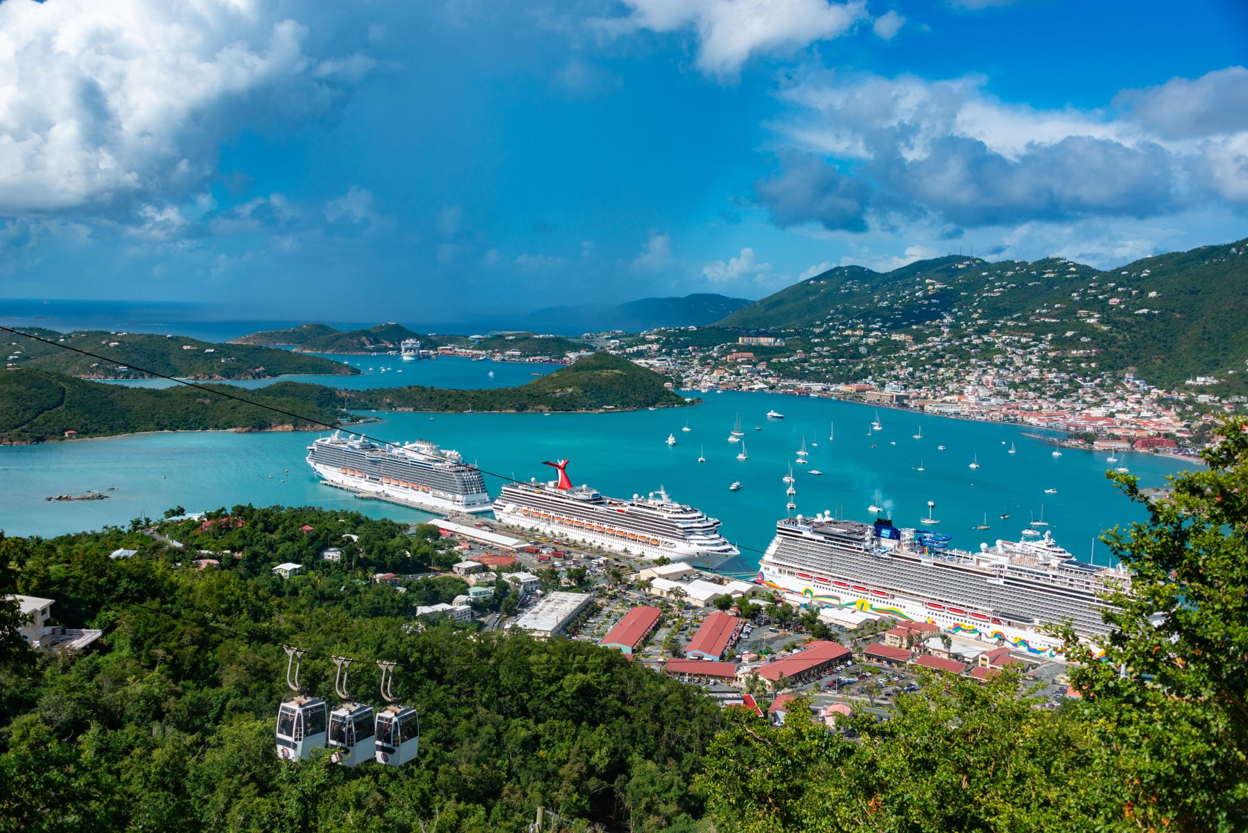 Panoramic overlook of Charlotte Amalie Harbor with cruise ships from Skyline Drive