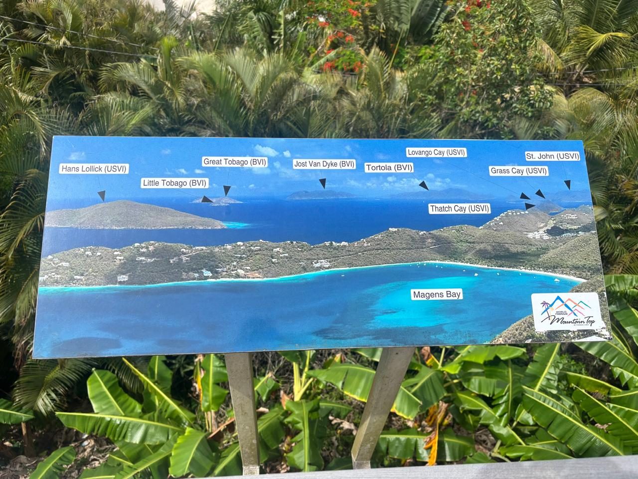 Island viewpoint marker overlooking Magens Bay at Mountain Top